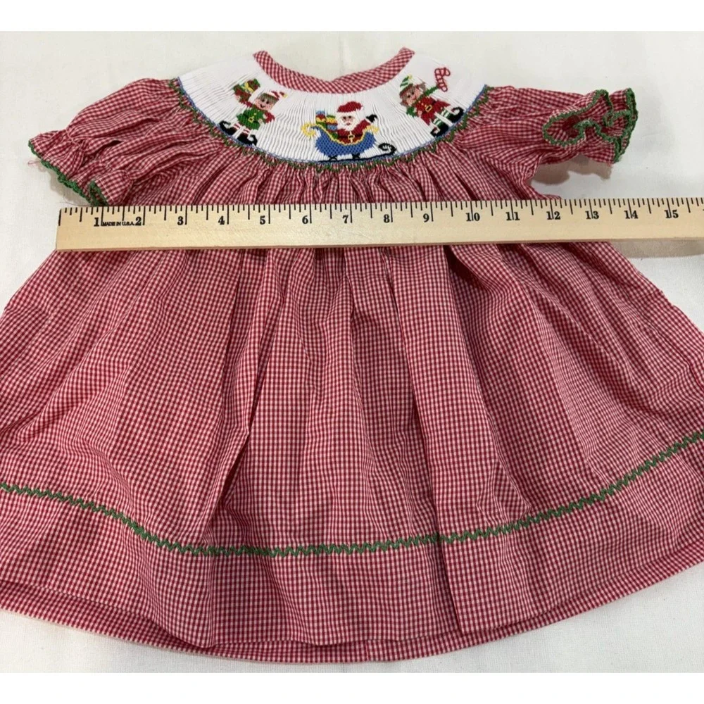 Southern Smocked Holiday Christmas Red/White Dress Santa & Elves Size 6 Months
